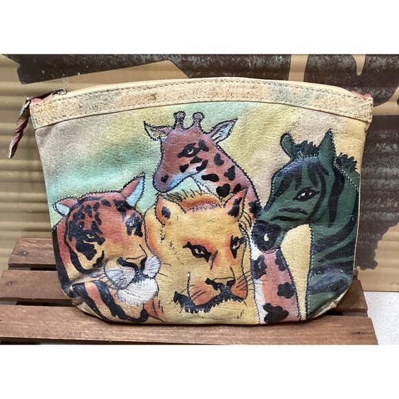 Signed Emily Ann Of Boca Raton Hand Painted Leather Make Up Pouch Wallet Clutch - Picture 1 of 15